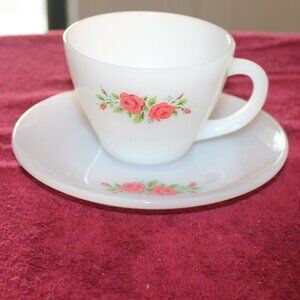 Vintage Anchor Hocking Fire King Milk Glass tea cup & saucer w/ red rose design
